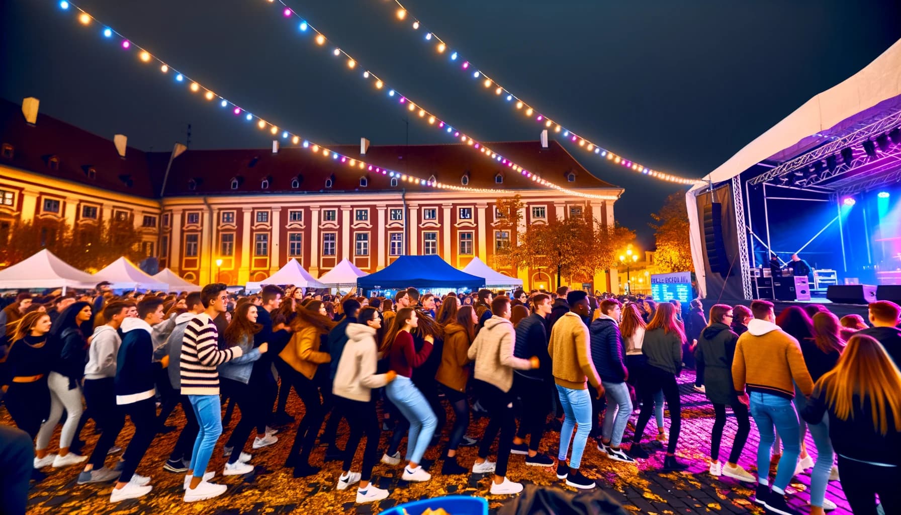Crowd dancing at an off-season festival with lights and music
