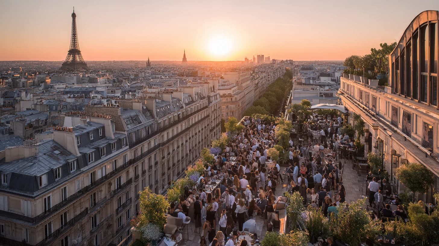 Crowded rooftop event Paris Eiffel Tower sunset
