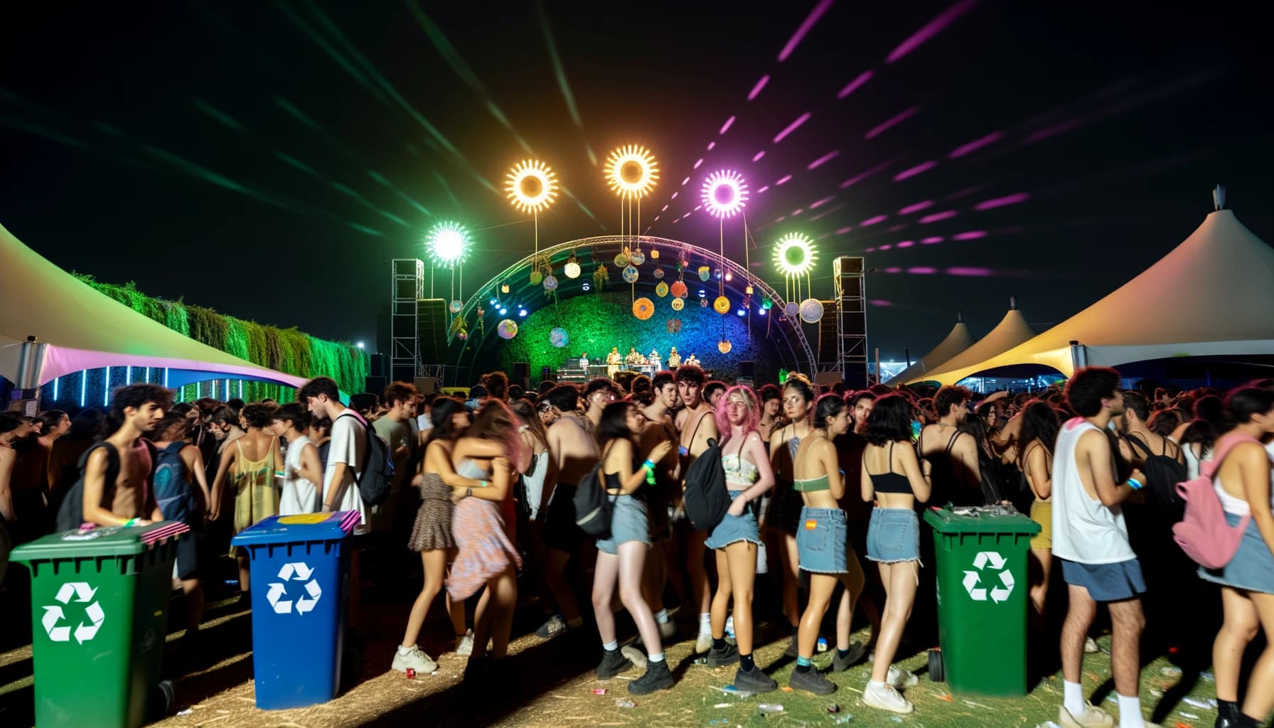 Crowd at an eco-conscious festival dancing at night