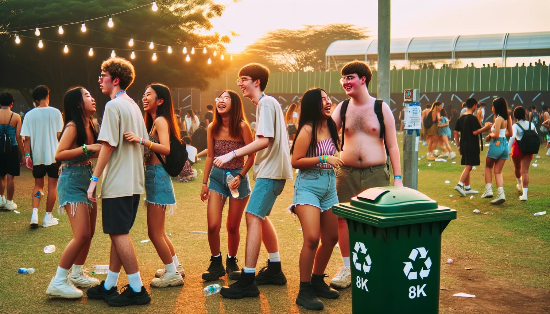 Young festival-goers practicing eco-friendly habits at a music event