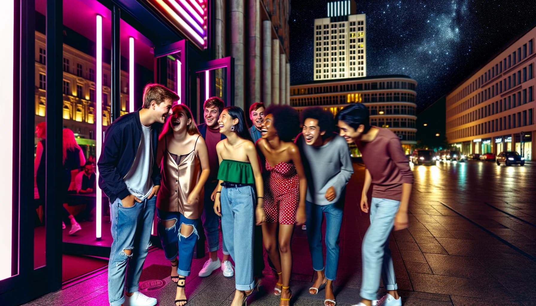 Group of friends entering a neon-lit nightclub in an urban setting