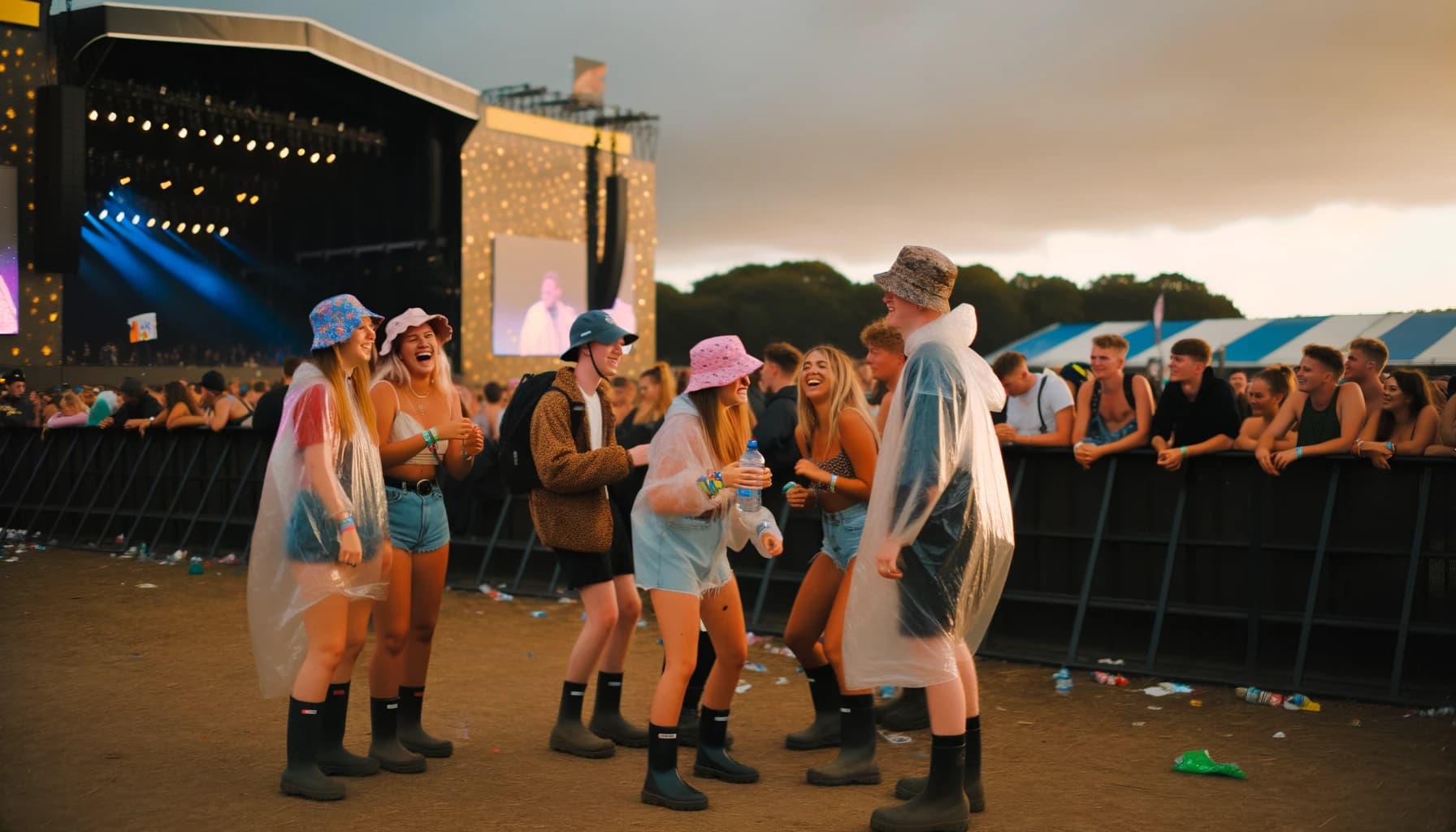 Friends preparing for weather at a lively outdoor festival