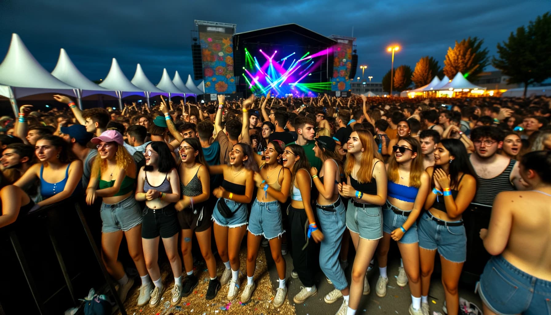Crowd dancing at a nighttime music festival with colorful lights