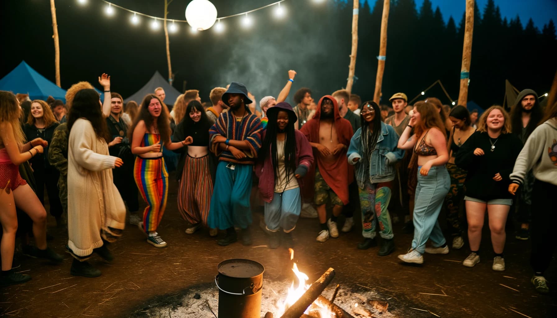 Group celebrating ancient festival rituals by bonfire at night