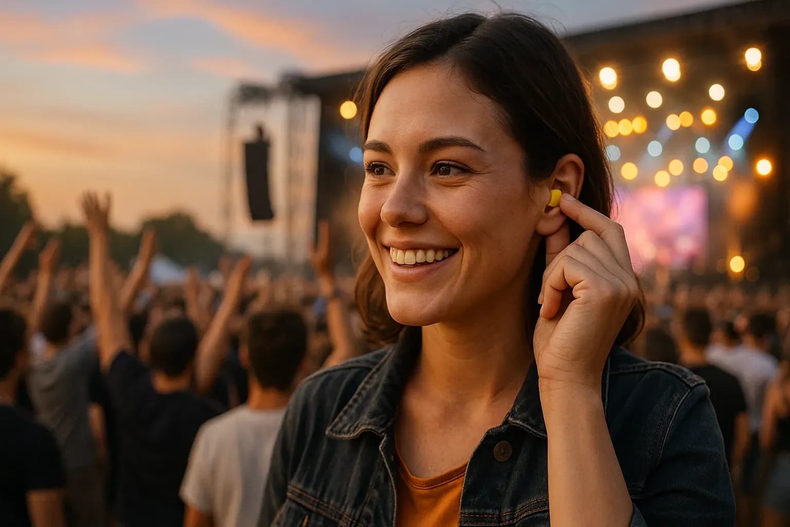 Image of a woman with an earplug at a concert.png