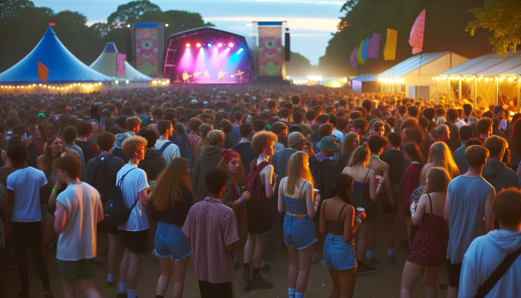 Crowd navigating a large music festival at dusk