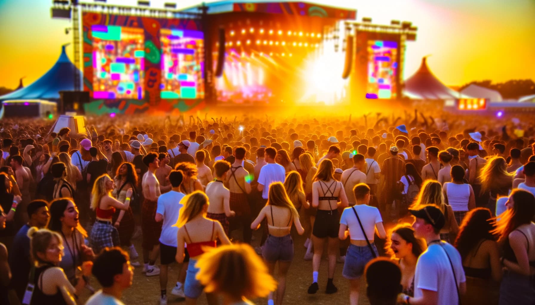 Crowd dancing at a modern music festival during sunset