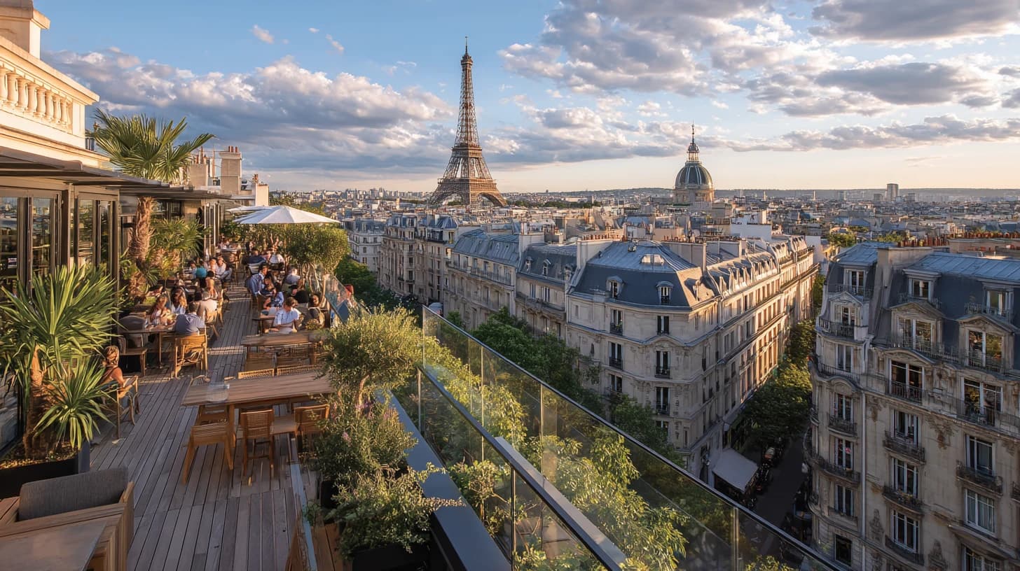 Rooftop terrace Paris Eiffel Tower view