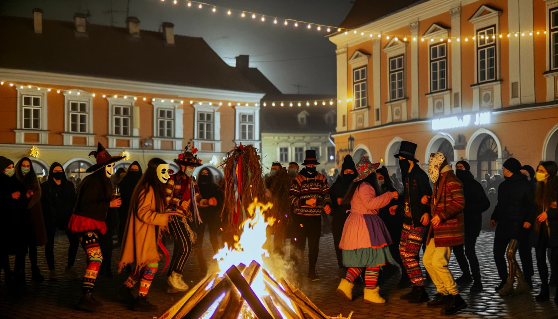 Nighttime festival crowd dancing with symbolic bonfires and lights