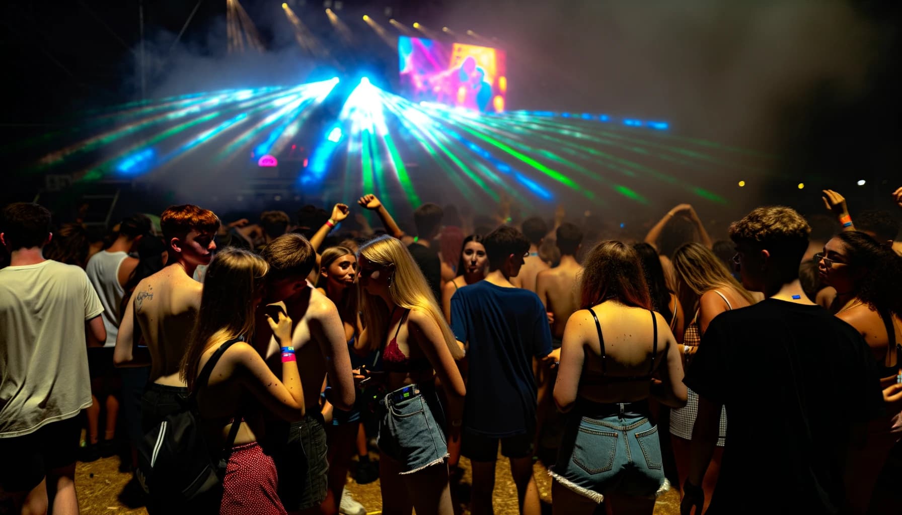 Crowd dancing at a vibrant music festival under colorful lights
