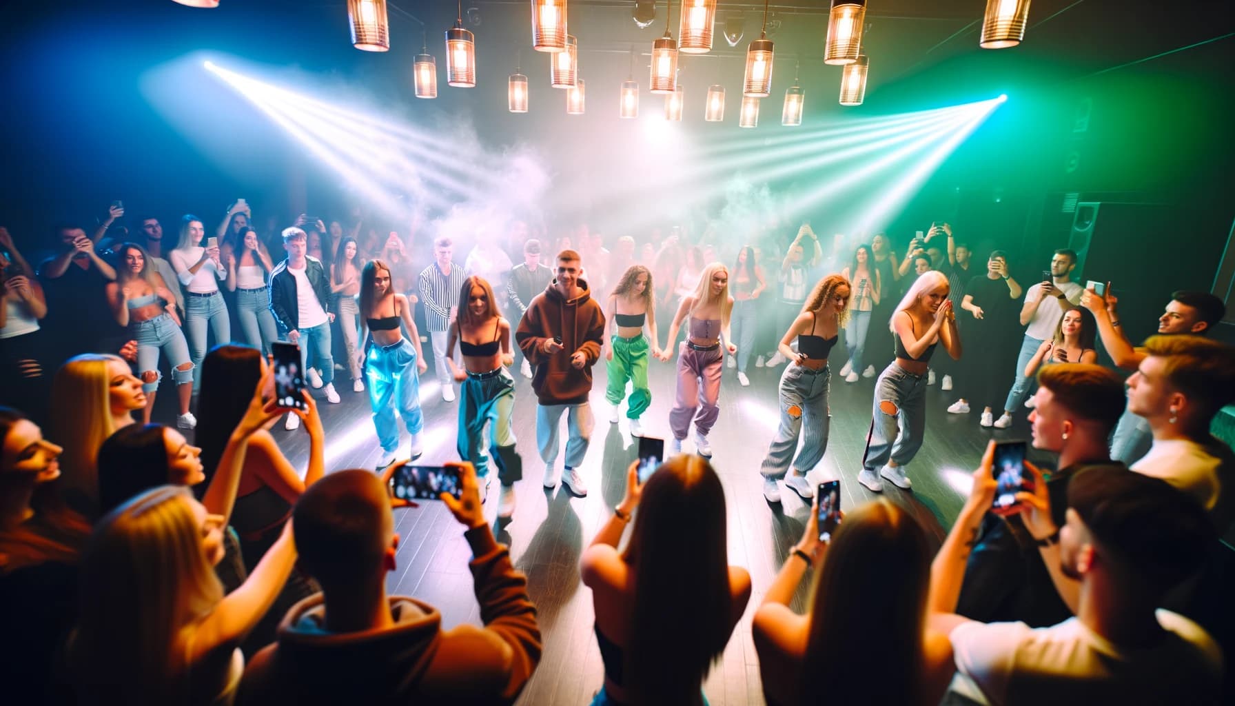 Group of people dancing in a nightclub during a viral challenge