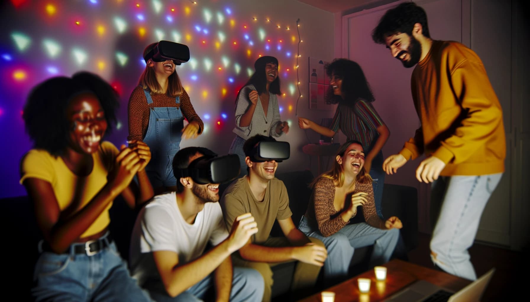 Young nightlife enthusiasts enjoying a virtual festival at home with VR headsets and projected lights