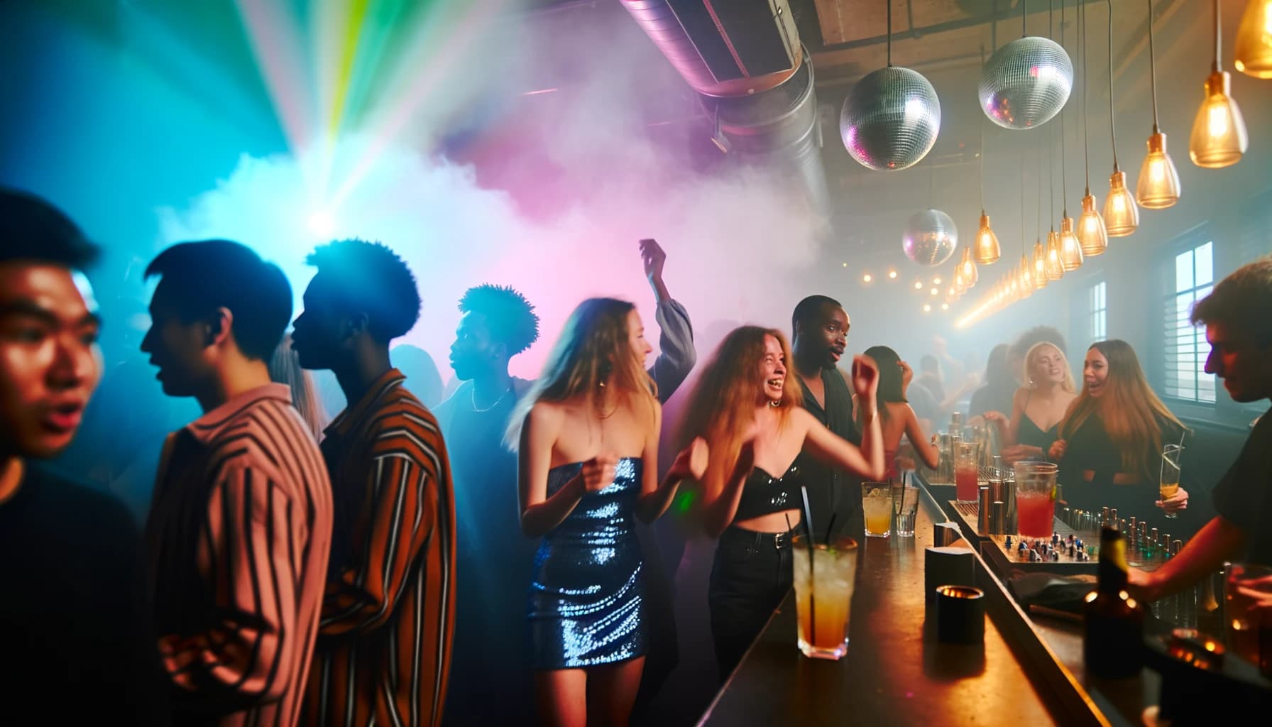 Crowded nightclub with people dancing after a concert