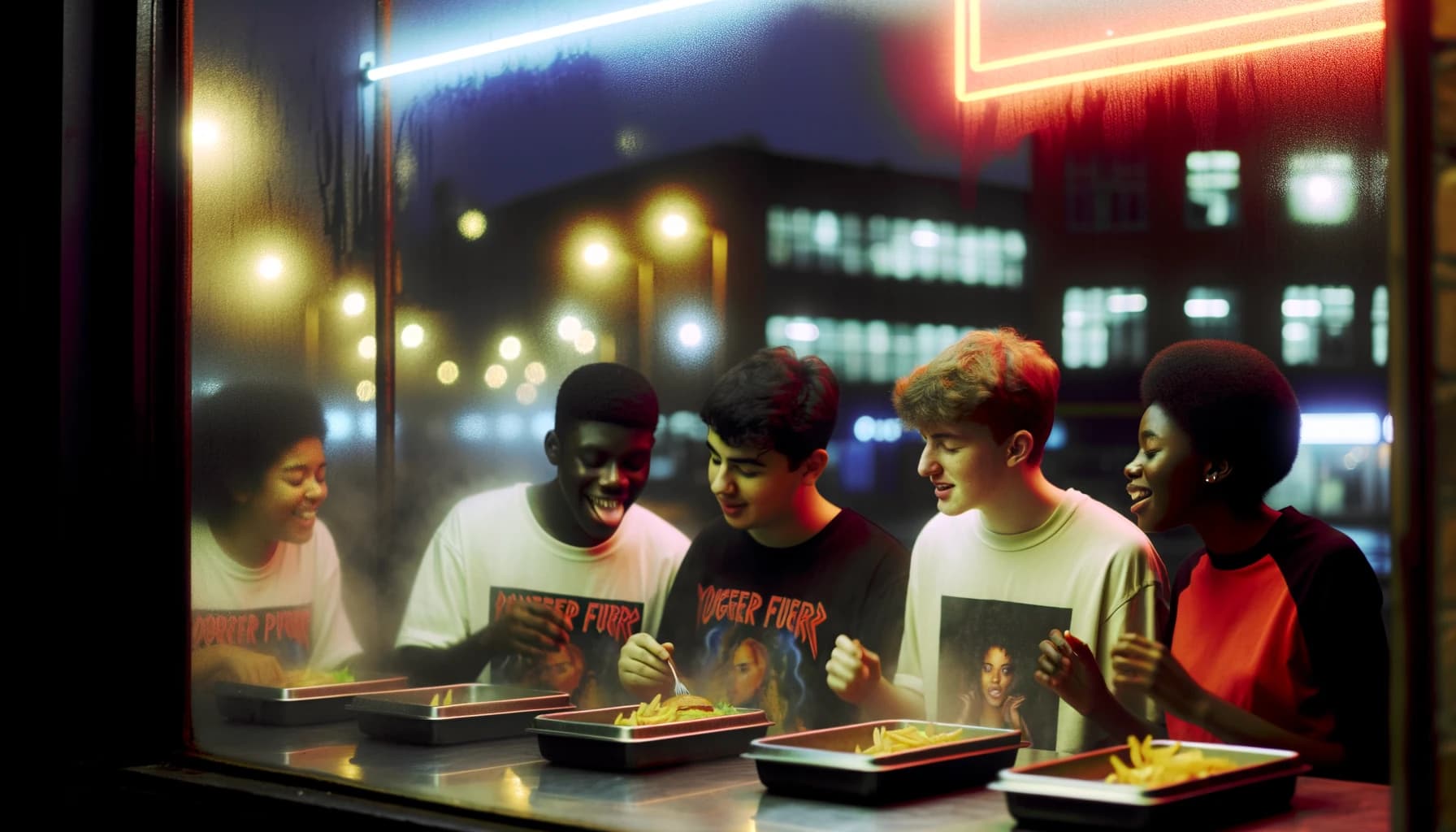 Group of friends enjoying late-night food after a concert