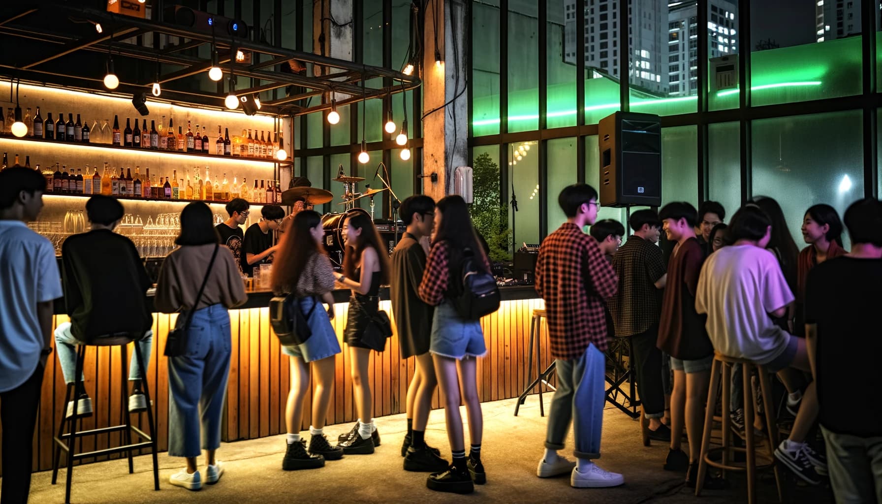 Group of friends enjoying drinks at a concert-friendly bar with live music setup