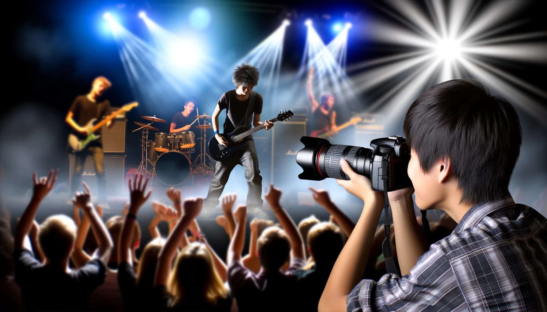 Photographer capturing a live concert performance with crowd and stage lights