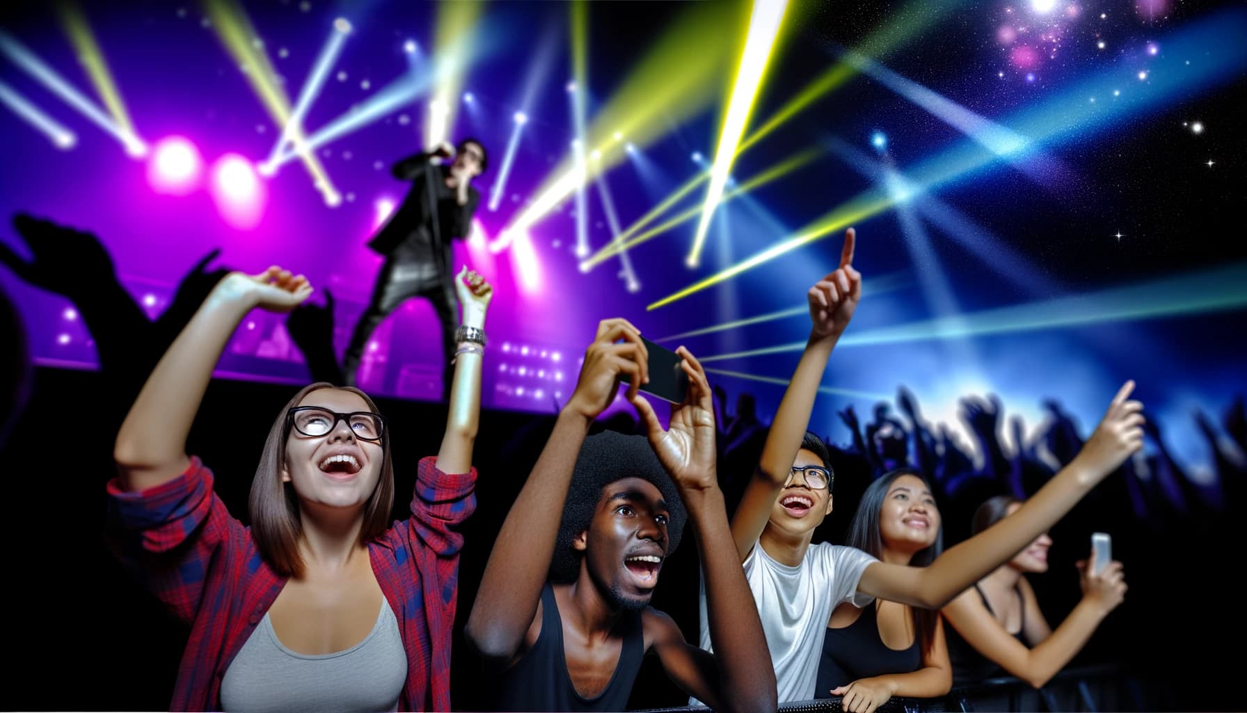 Young people documenting a lively concert with phones raised, stage lights glowing.
