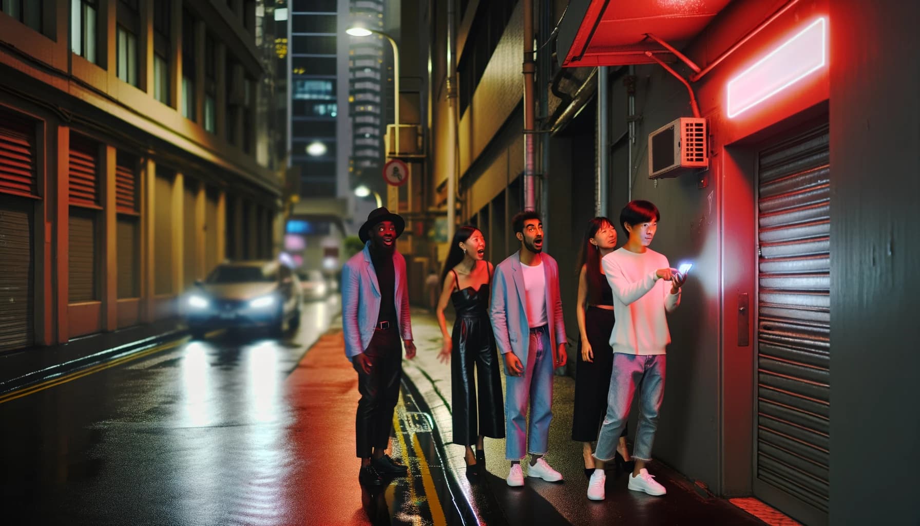 Young people discovering a secret nightclub entrance in a city alley