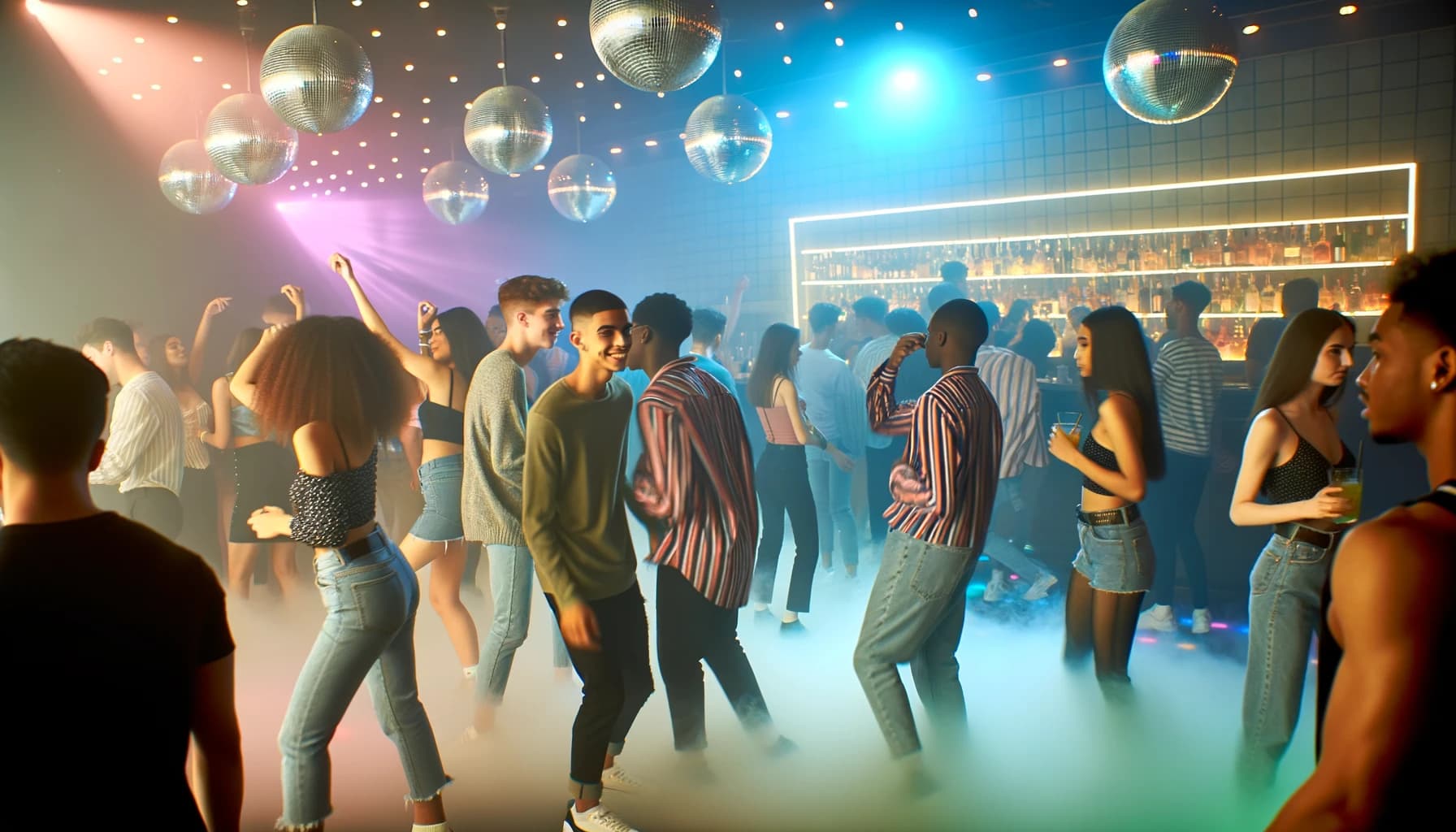 Diverse crowd dancing in a vibrant global nightclub