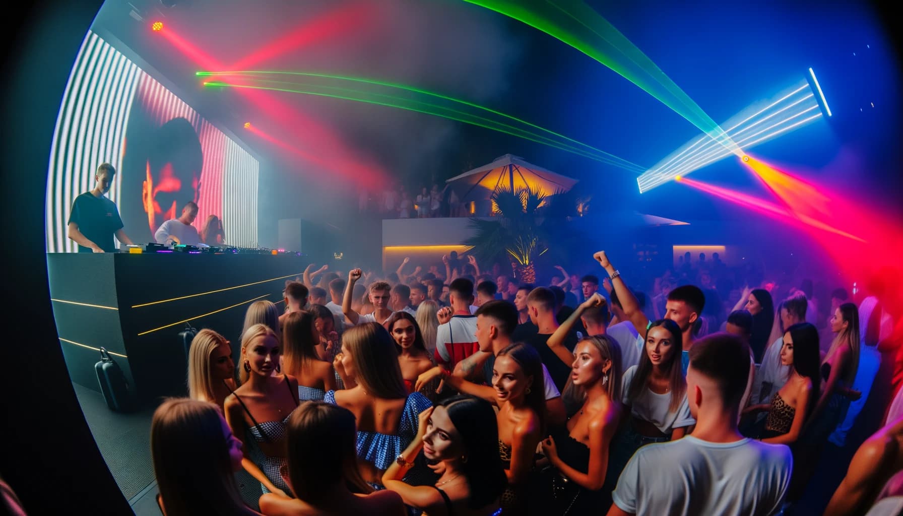 Crowded nightclub with DJ performing and people dancing under lights