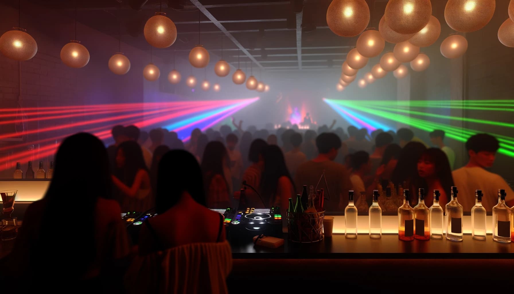 Crowded dance floor in an iconic nightclub with laser lights and energetic crowd