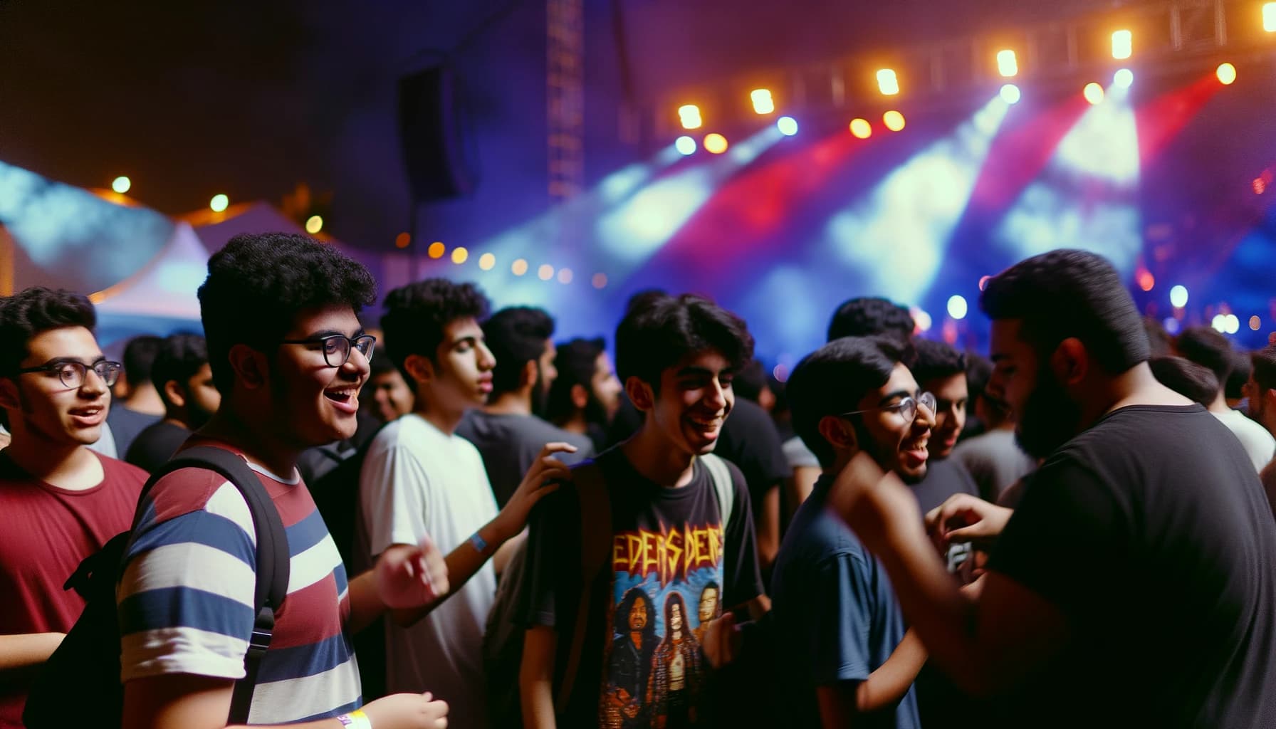 Group of young people making friends at a lively concert