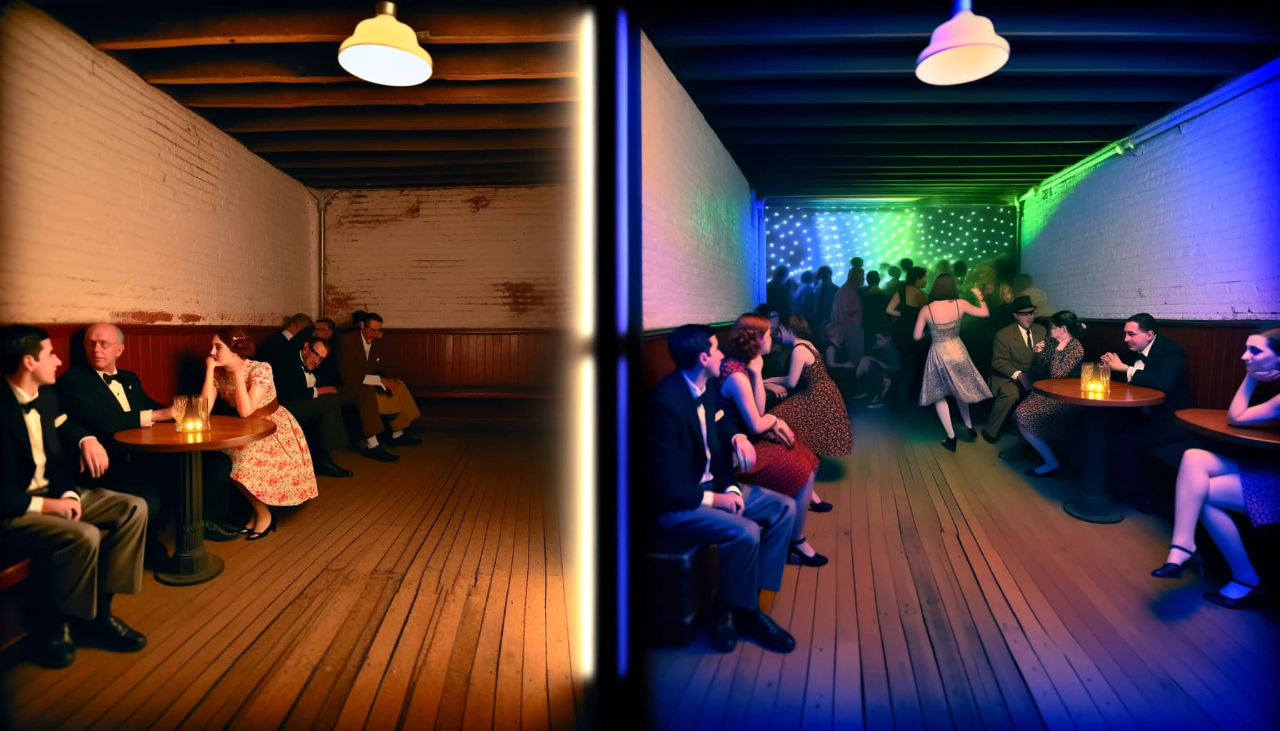 Timeline illustration of nightclub evolution from past to present