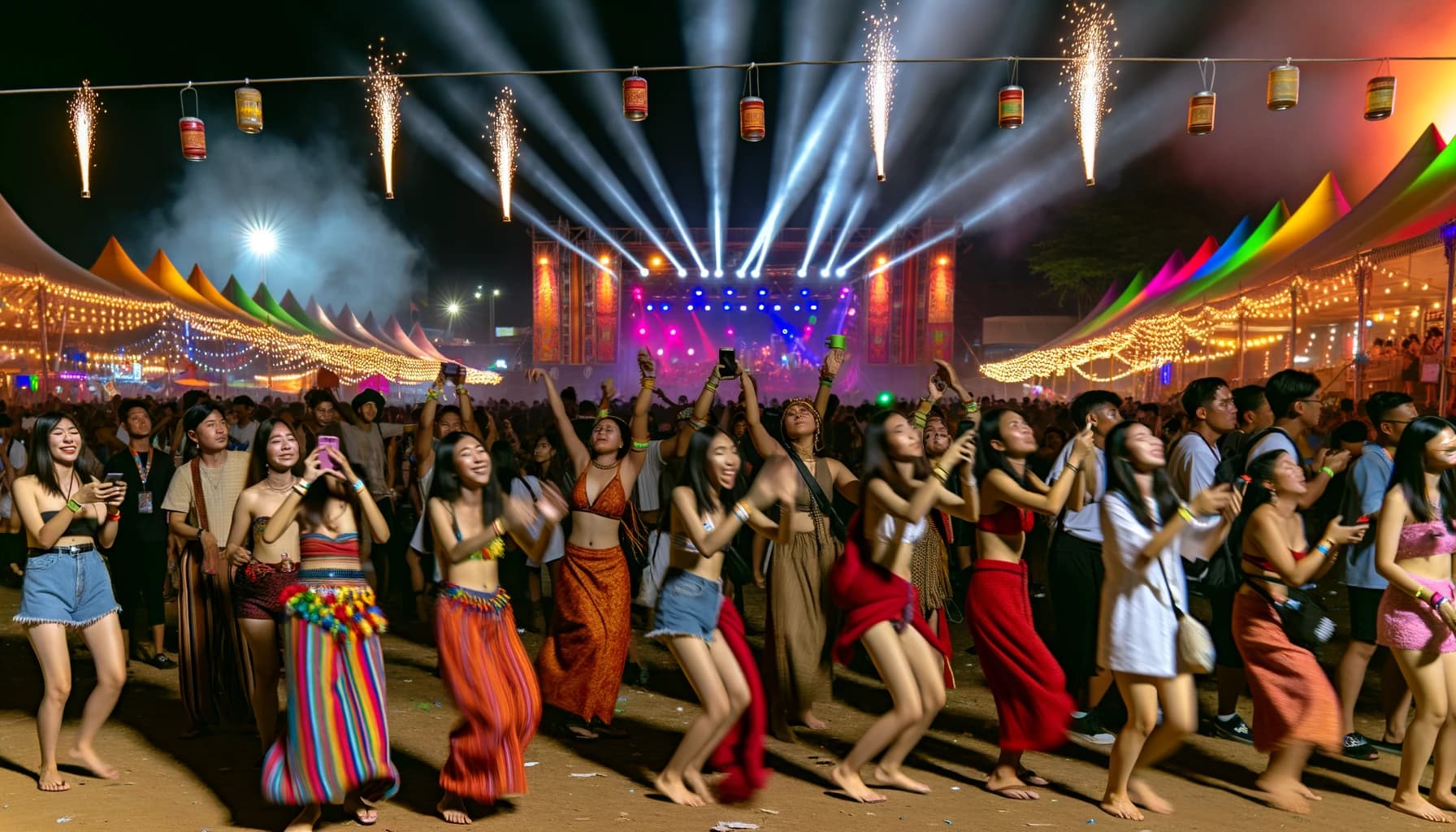 Young people at a lively festival capturing moments on social media amid trending challenges.