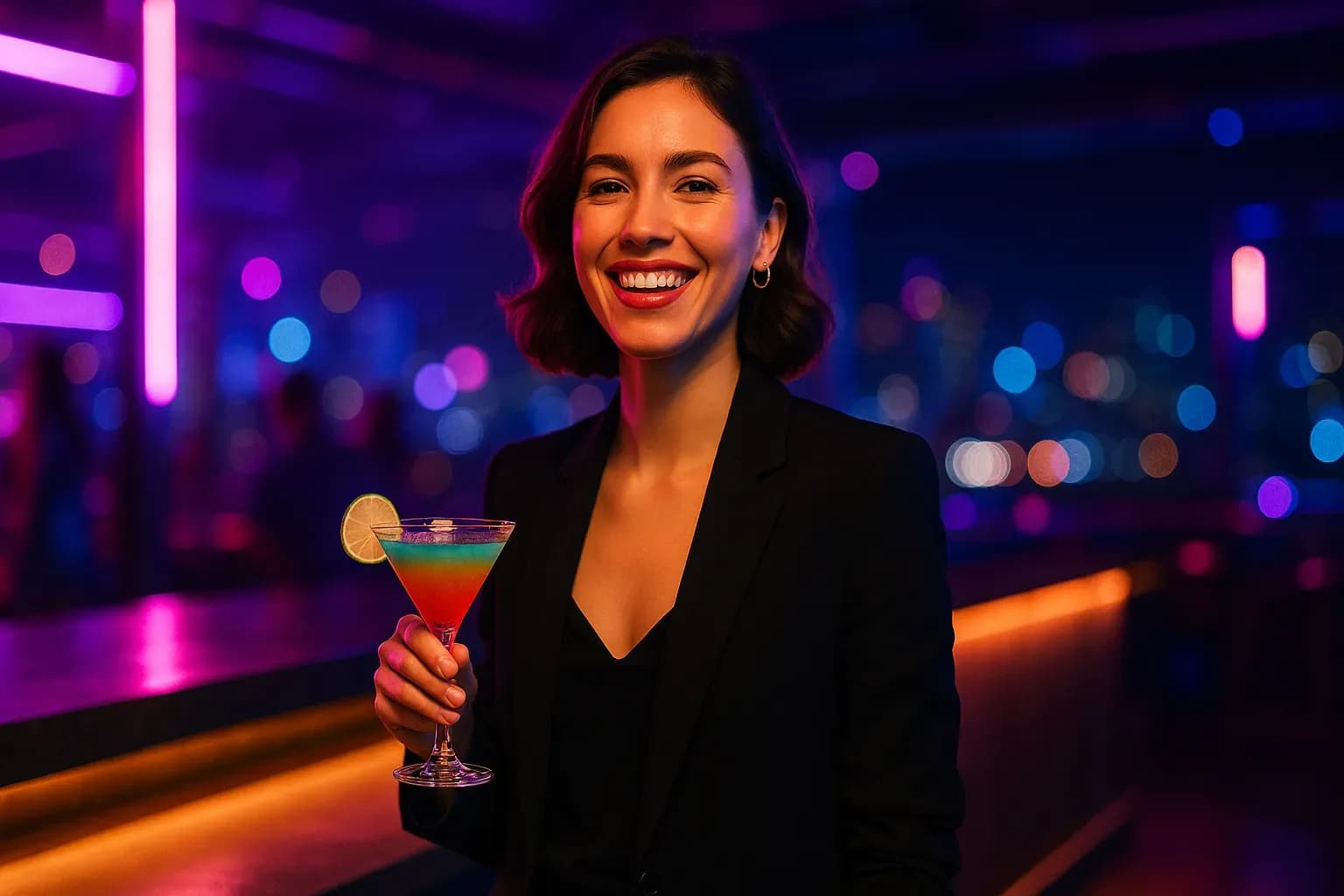Smiling woman alone at a night bar with cocktail and neon lights.