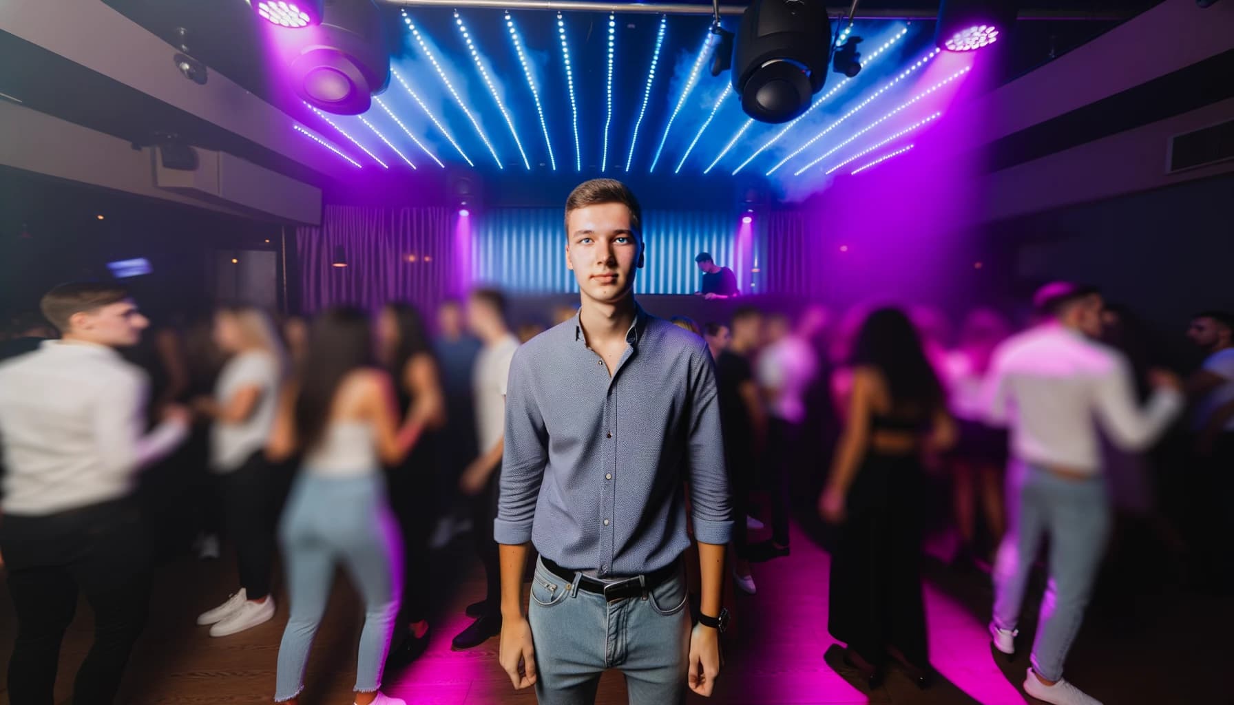 Young man enjoying solo time in vibrant nightclub