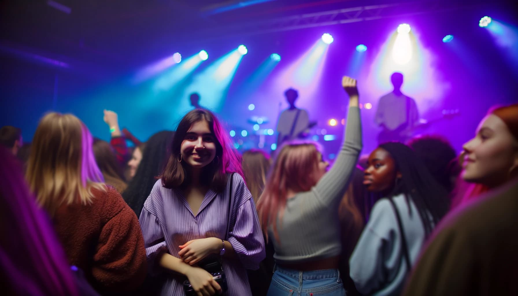Young woman enjoying a solo concert experience in a vibrant venue