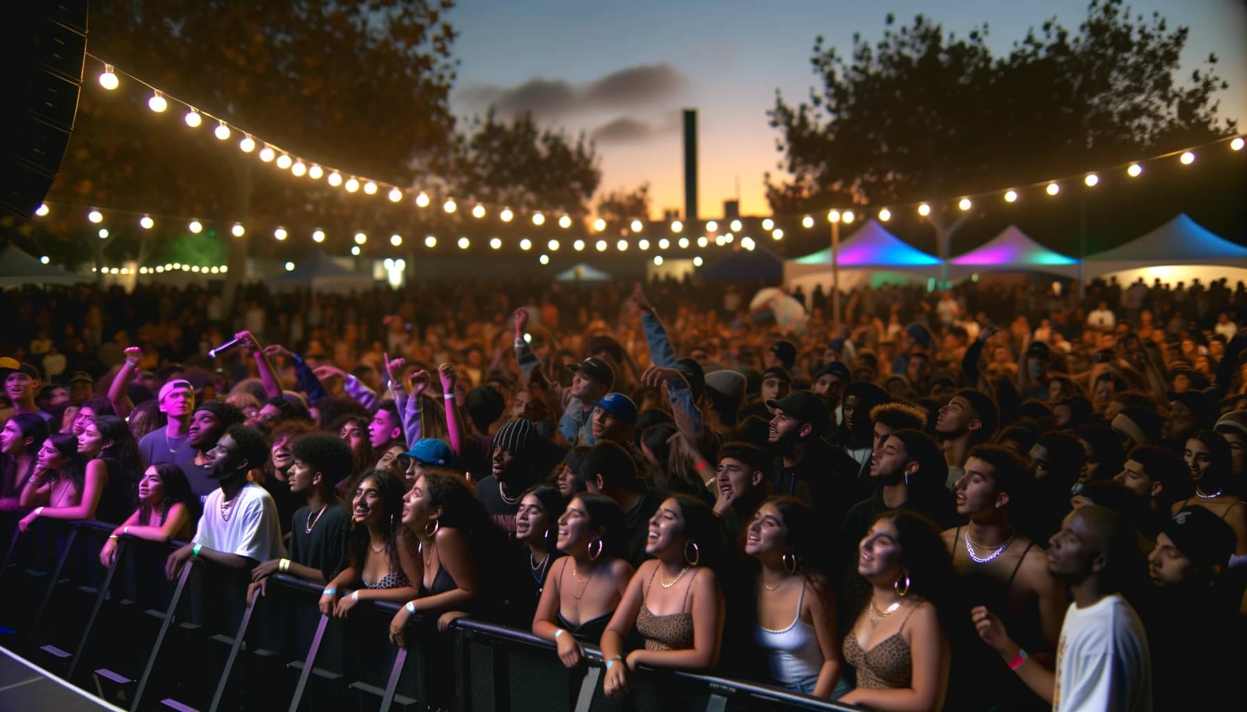 Enthusiastic crowd at a vibrant outdoor concert during sunset