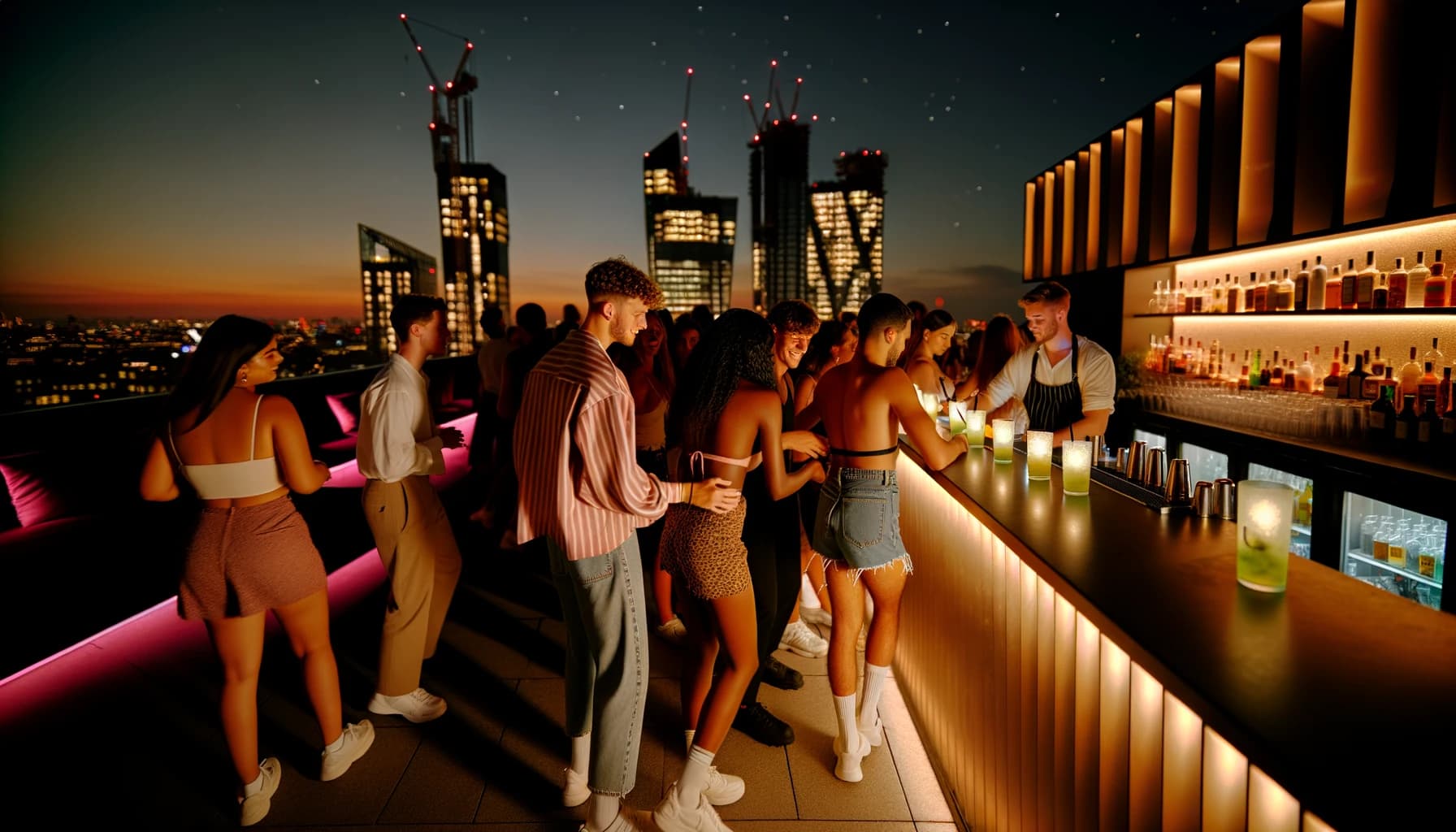 Crowd dancing at a rooftop nightclub with city views