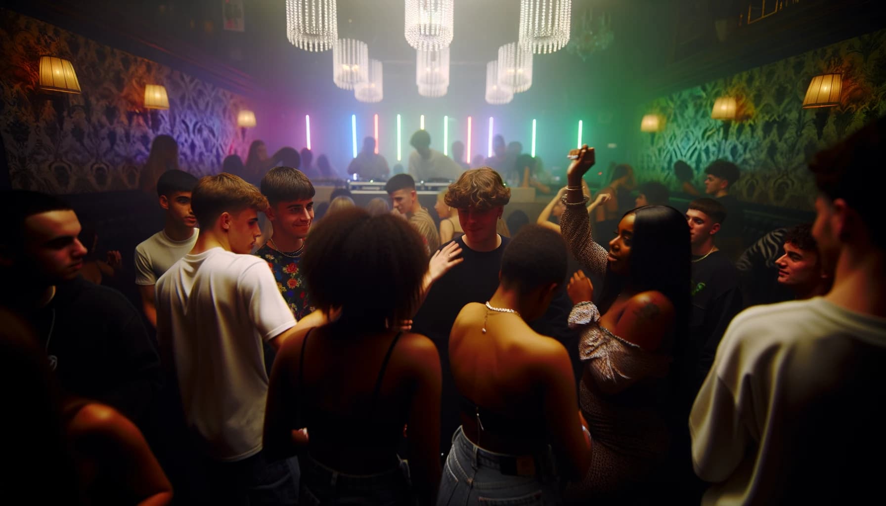 Vibrant nightclub scene with dancers under colorful lights