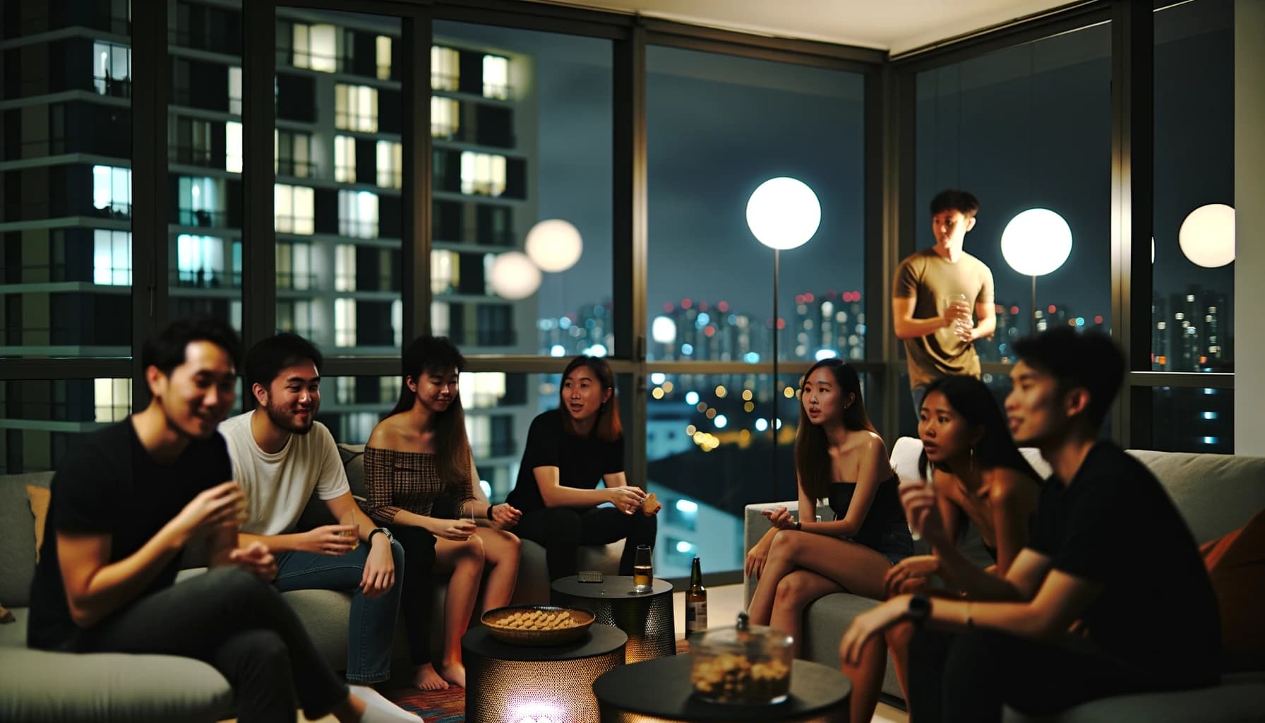 Group of friends at a home afterparty with drinks and snacks