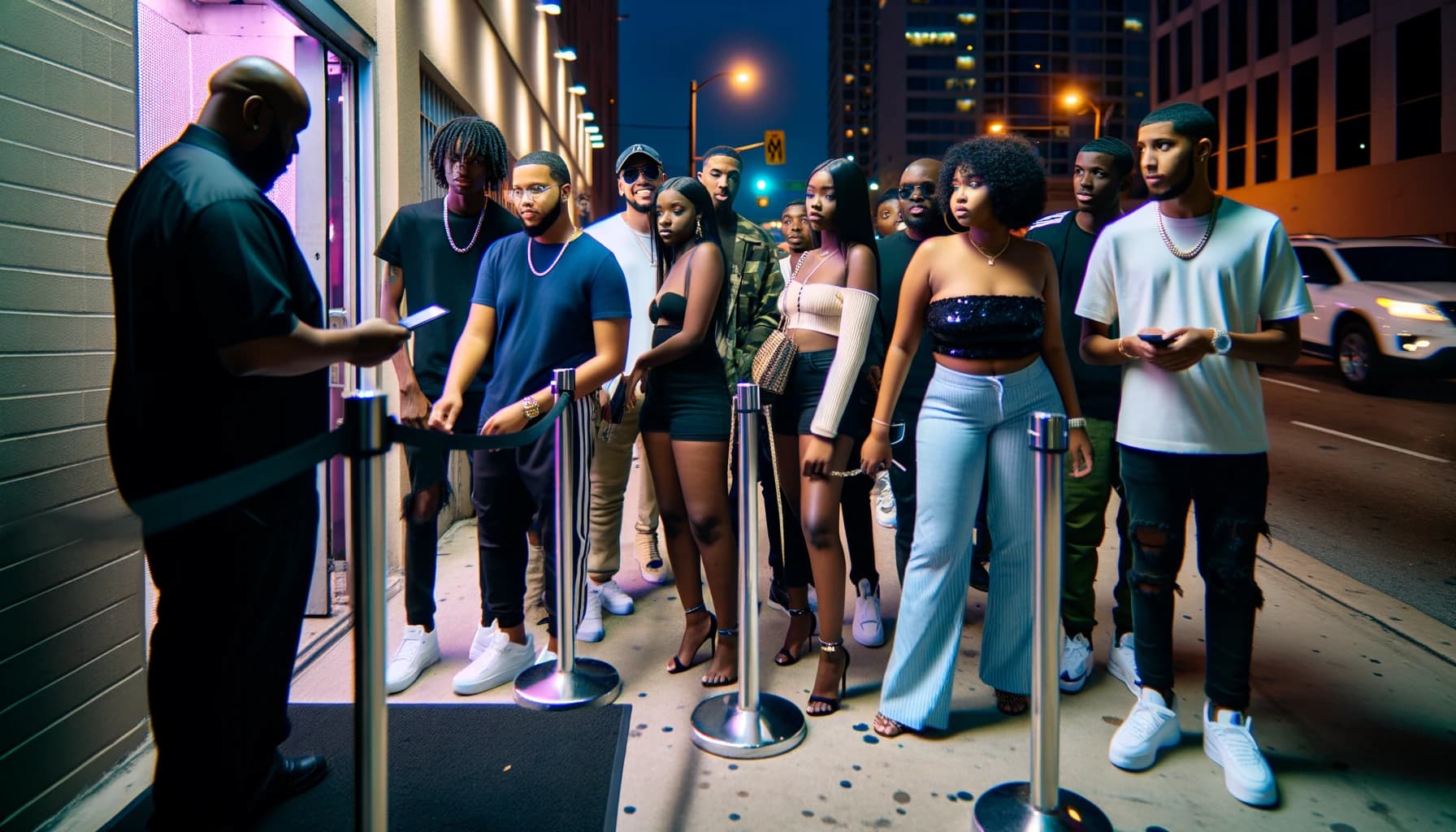 Young people lining up at nightclub entrance
