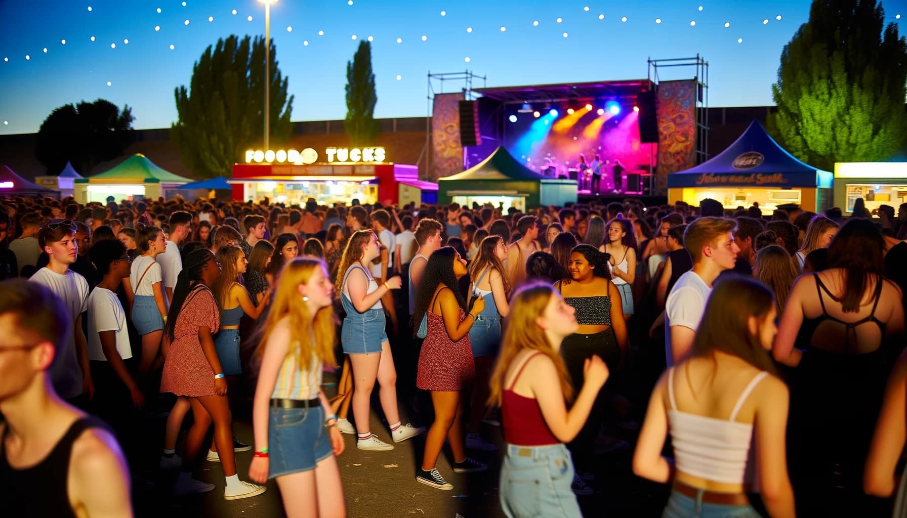 Crowd enjoying a festival at dusk with stage lights and tents