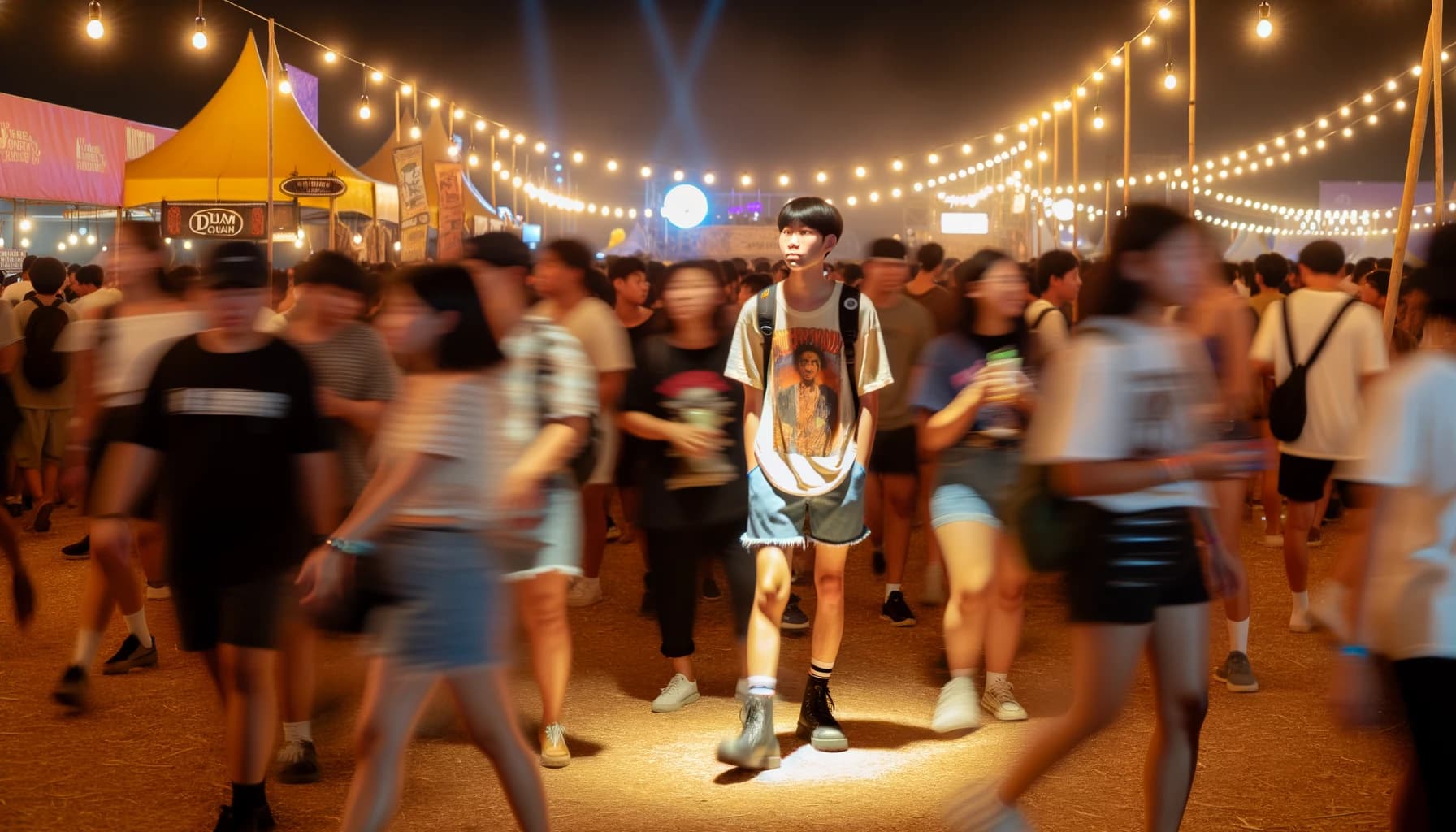 Solo traveler enjoying a lively festival nightlife scene with crowds and lights