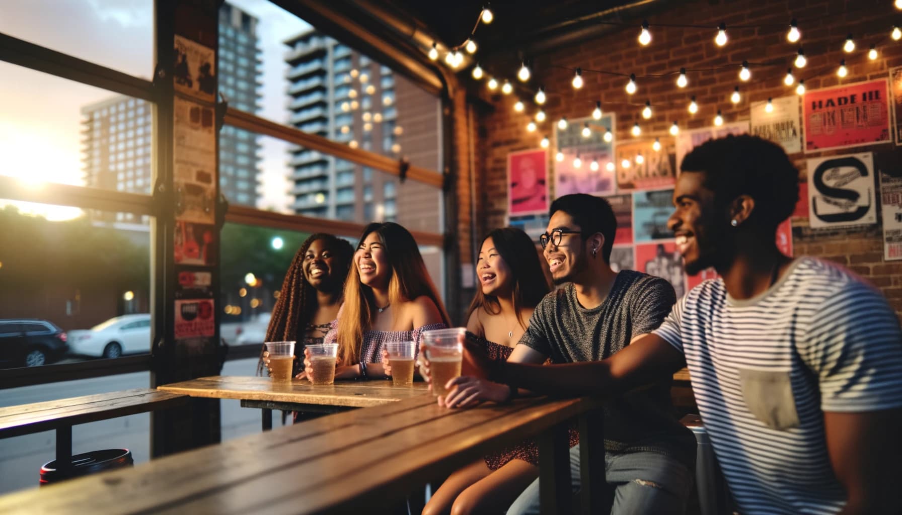 Group of friends enjoying drinks at a lively bar before a concert