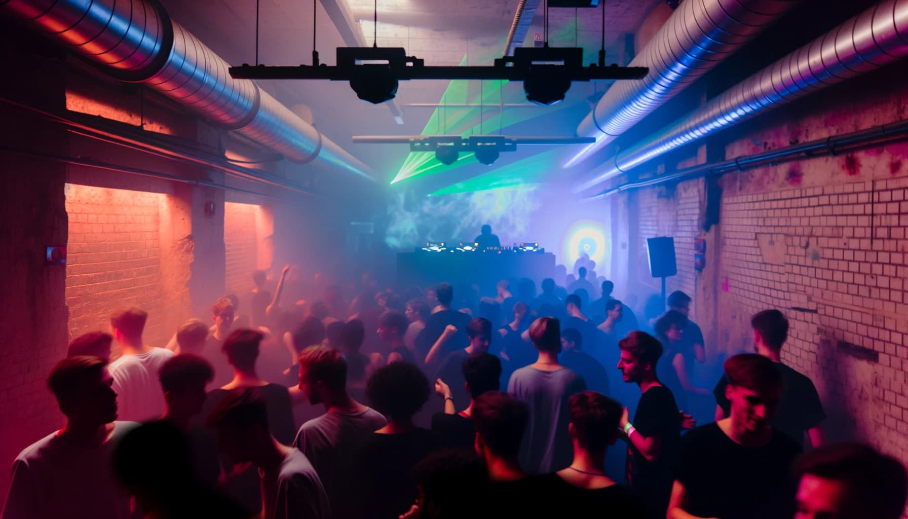 Crowd dancing in a vibrant underground nightclub