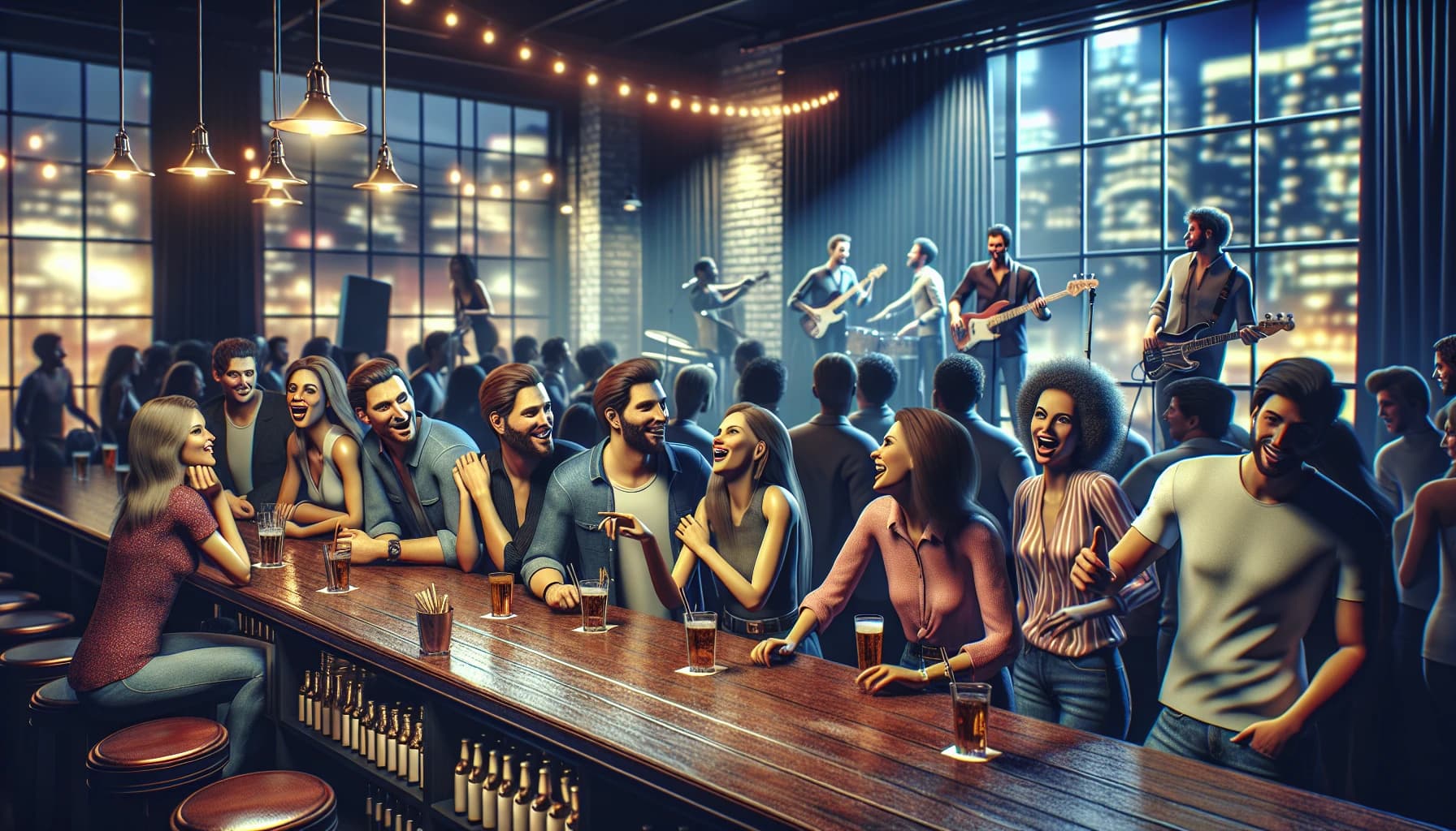 Group of friends enjoying drinks at a concert-friendly bar with live music setup