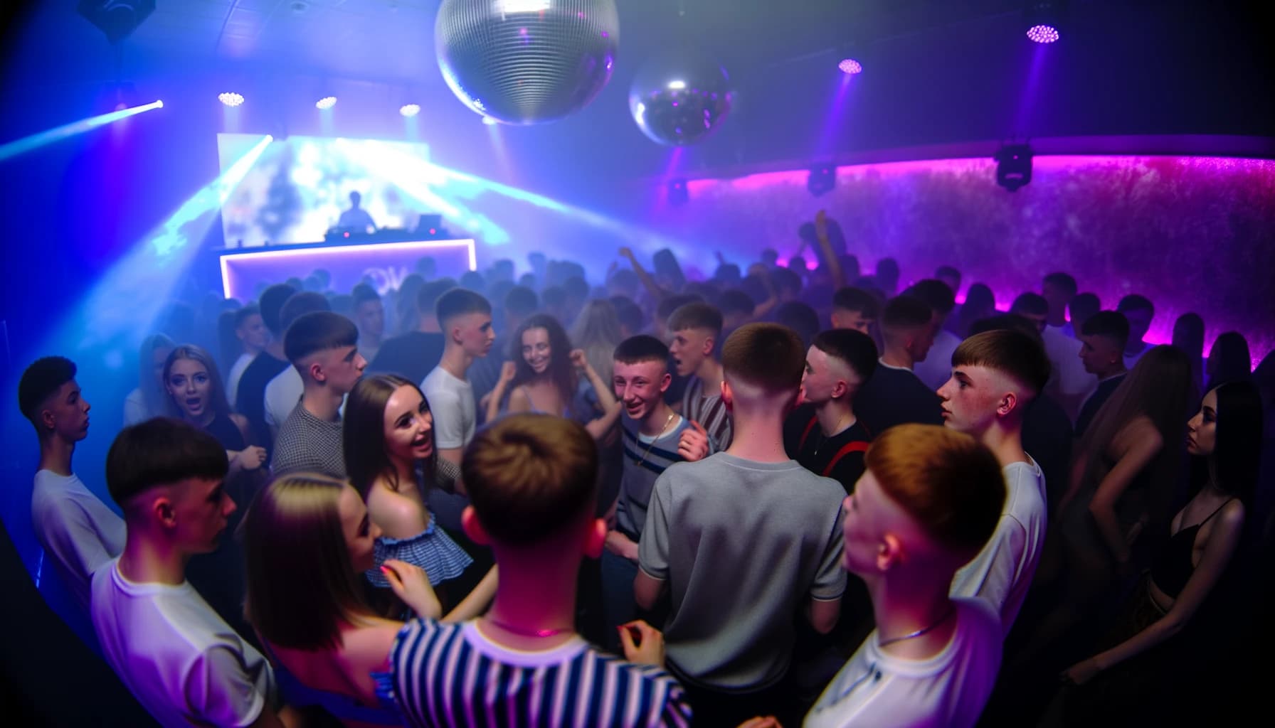 Diverse crowd dancing in a lively nightclub under colorful lights