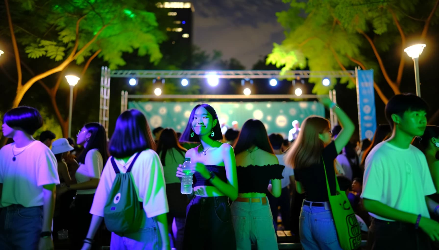 Crowd enjoying an eco-friendly concert at night