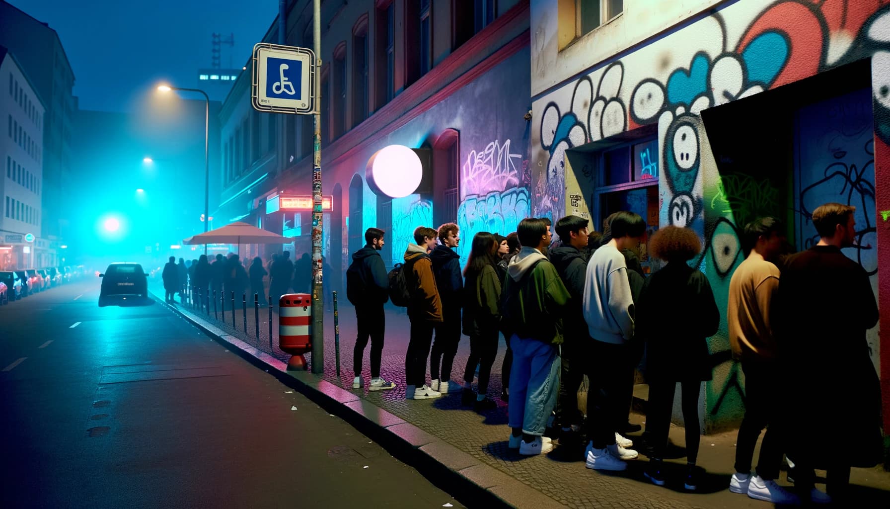 Crowded street outside a Berlin nightclub at night with people waiting to enter