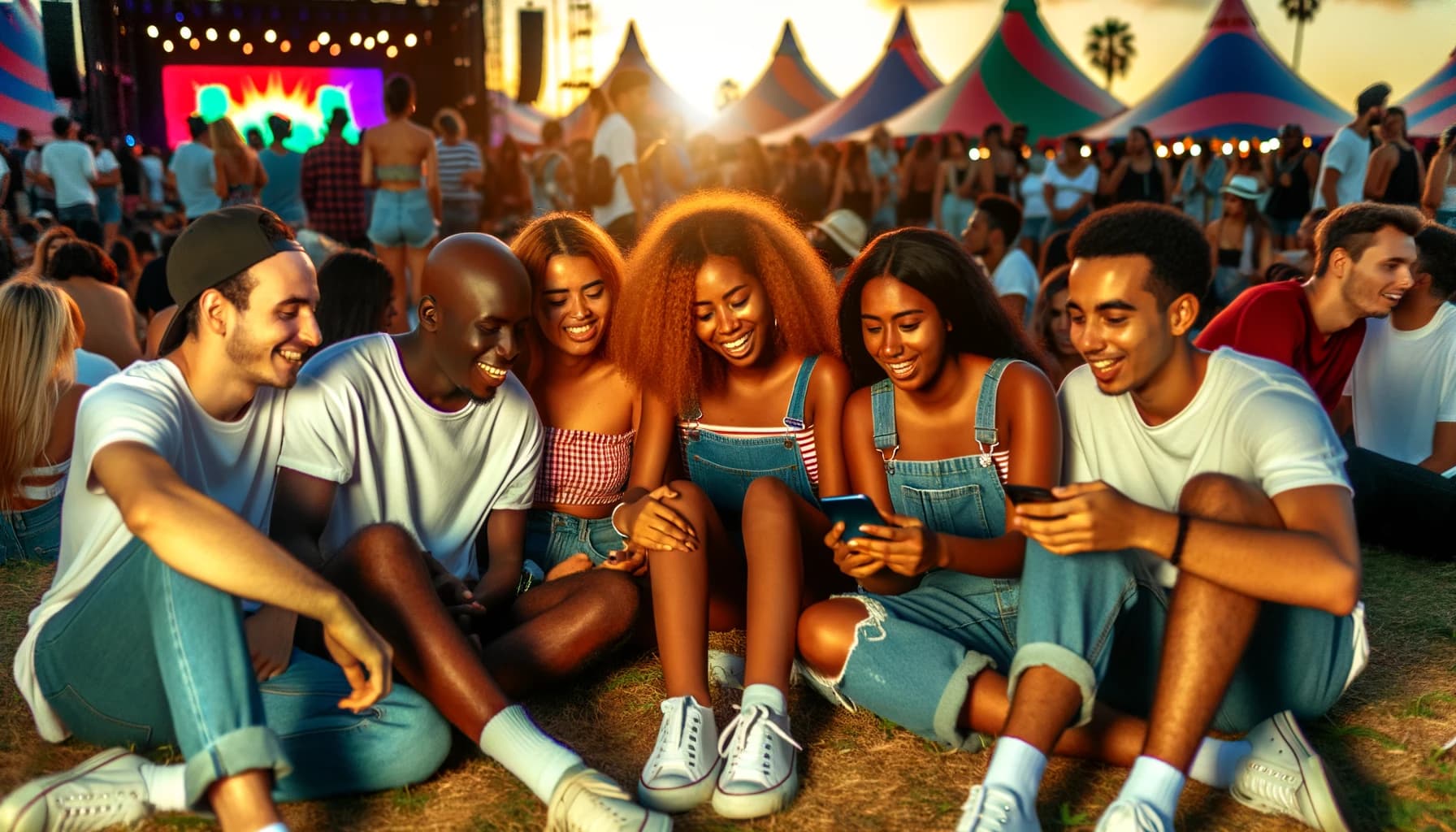 Friends planning festival budget on phone at sunset event