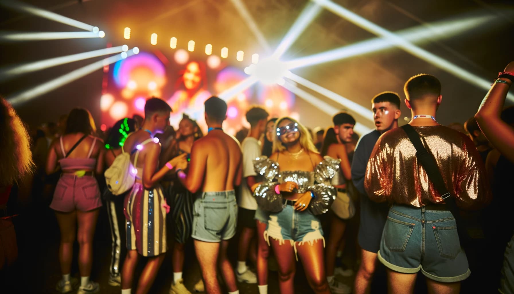 Group of young people in trendy festival attire dancing at a lively nighttime event