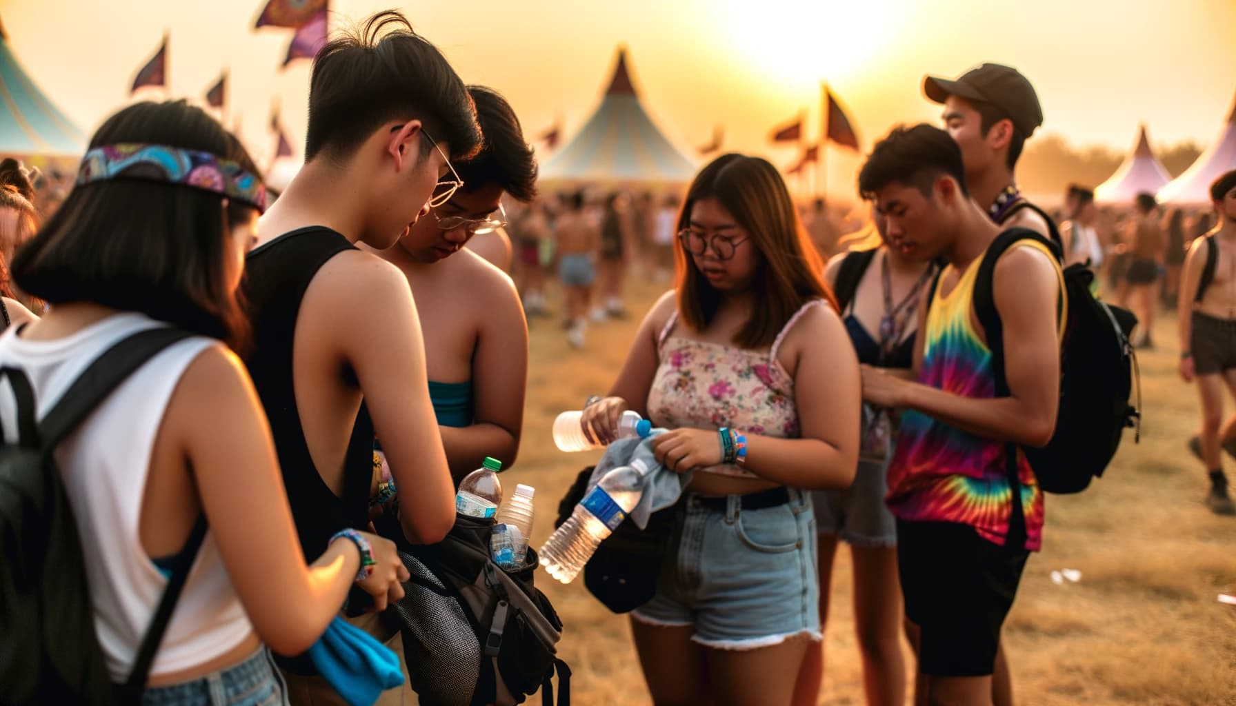 Young friends packing for a festival on a sunny field