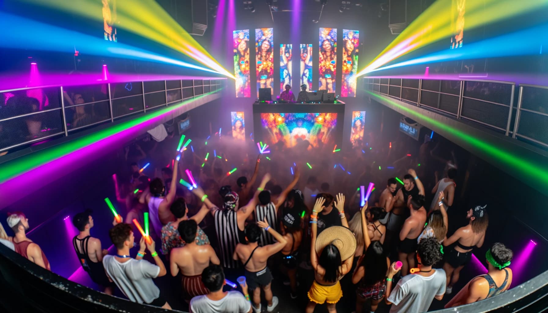Energetic crowd at a festival-style club night with colorful lights and DJ stage