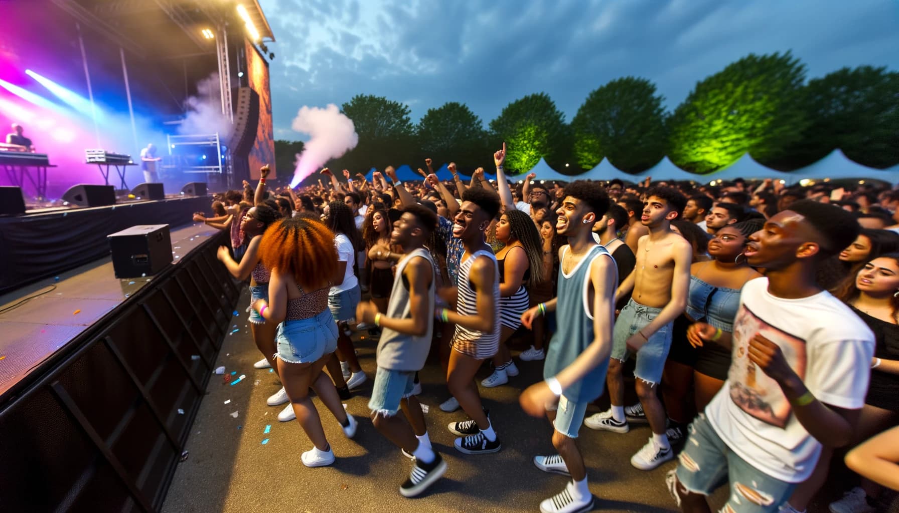 Crowd dancing at a lively outdoor music festival during sunset with stage lights