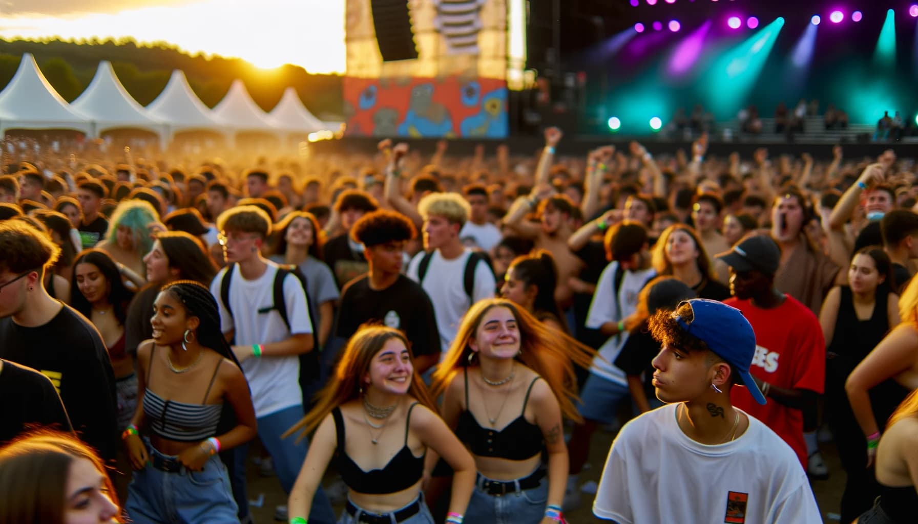 Young crowd enjoying a music festival at sunset, symbolizing youth culture impact